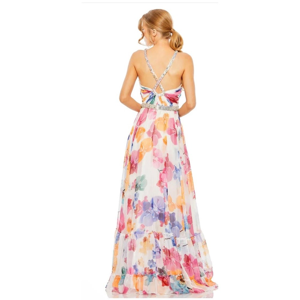 NWT | Mac Duggal / Plunge Neck Floral A Line Gown / Flirty Floral Formal Dress - Picture 2 of 6